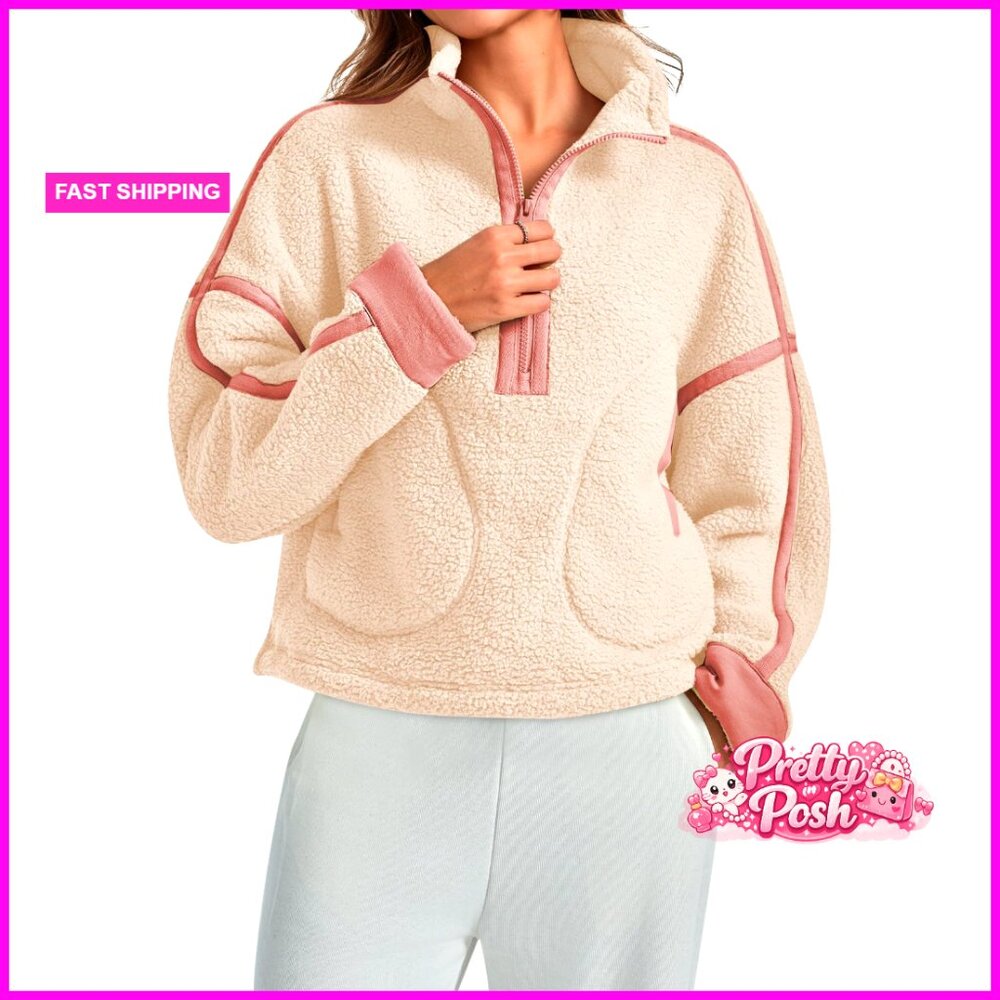Sherpa Fleece Jacket Half Zip Oversized Cropped Pullover With Pockets